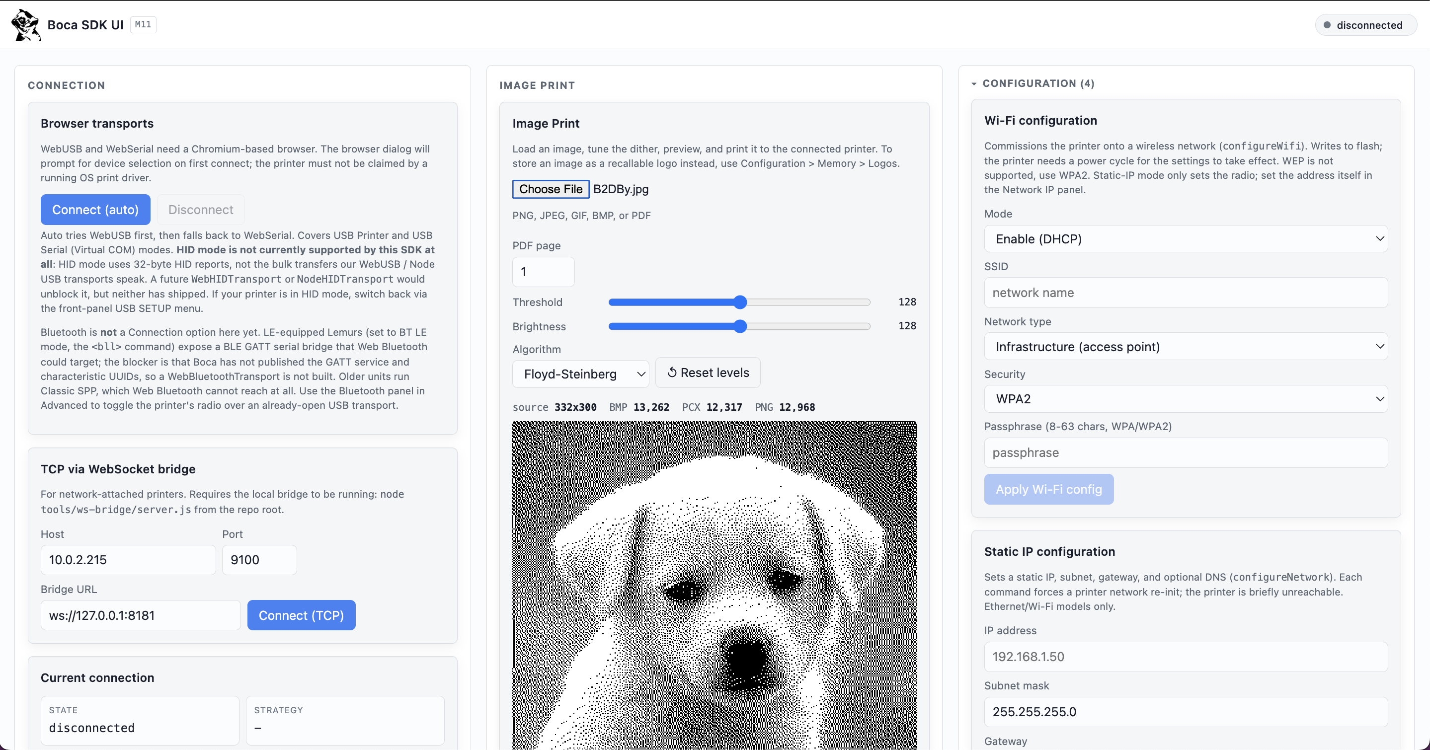Boca Systems Web SDK demo UI running in a browser